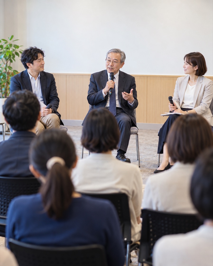 参加者の前で三人のゲストが意見を交わす対話イベントのイメージ