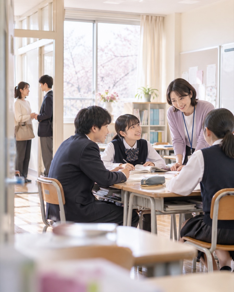 教室で生徒たちの学びに関わる先生のイメージ