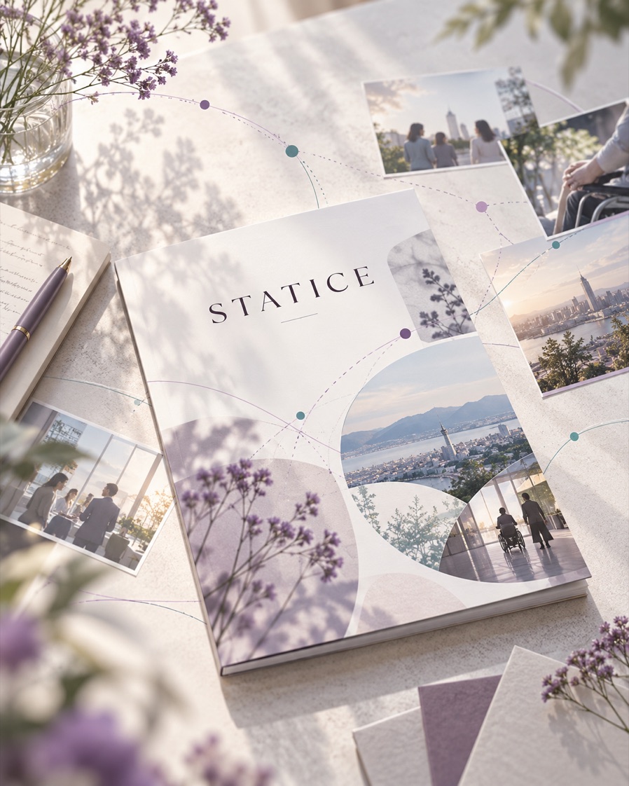 スターチスの花と、情報や人のつながりを表現したSTATICEの冊子