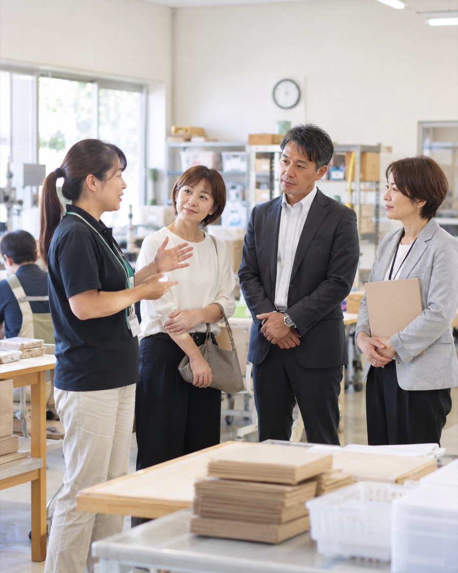 現場の担当者から説明を聞く企業の皆様・保護者・教育福祉関係者のイメージ